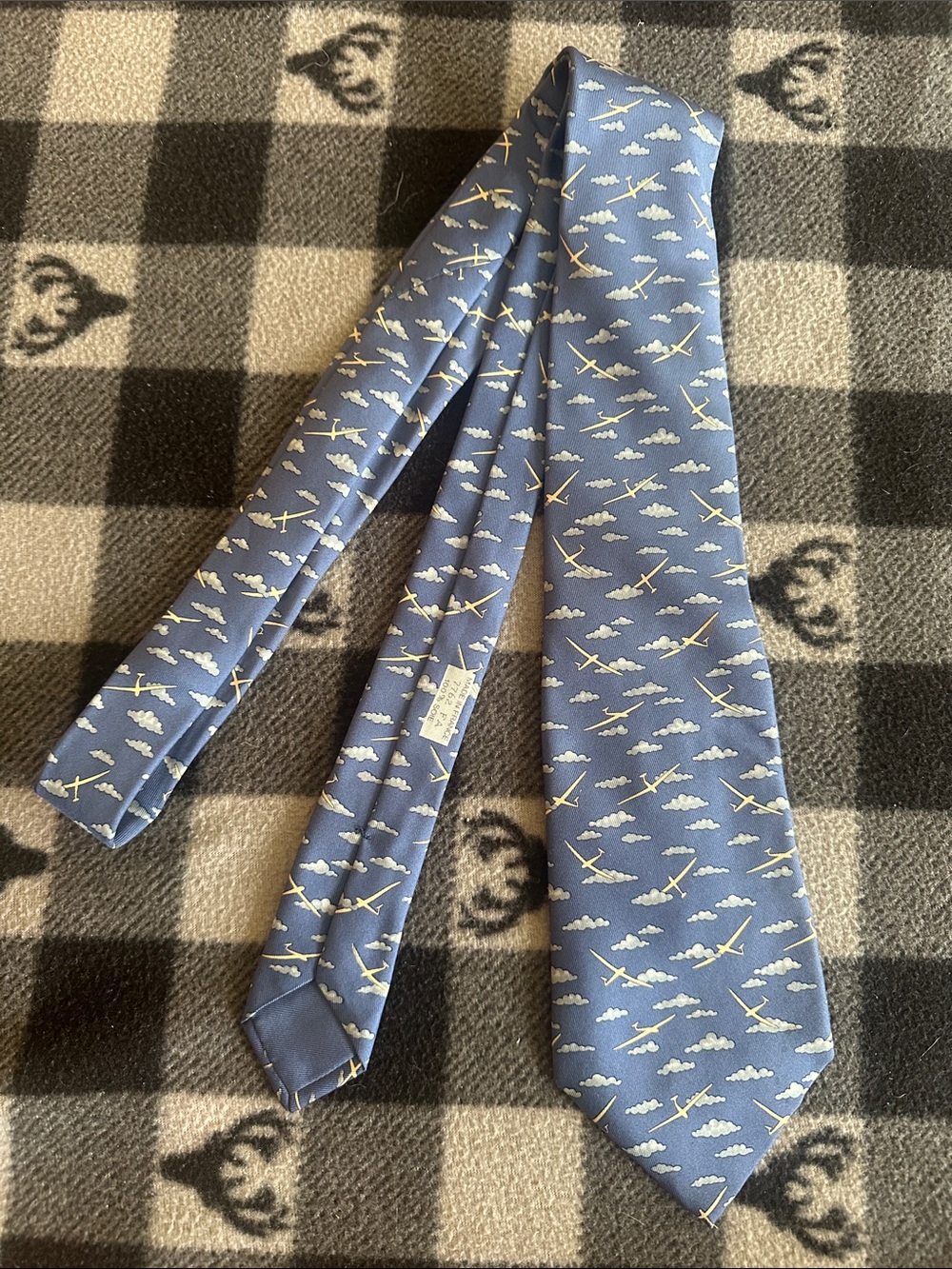 Hermes Blue Silk Tie with Airplane and Cloud Motif